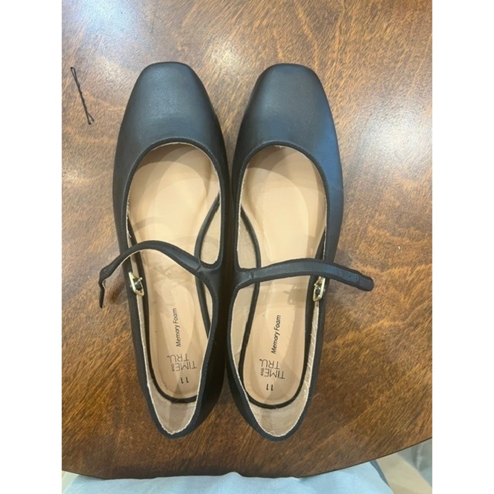 Time and Tru Womens Black Square Toe Mary Jane Flats Memory Foam Size 11